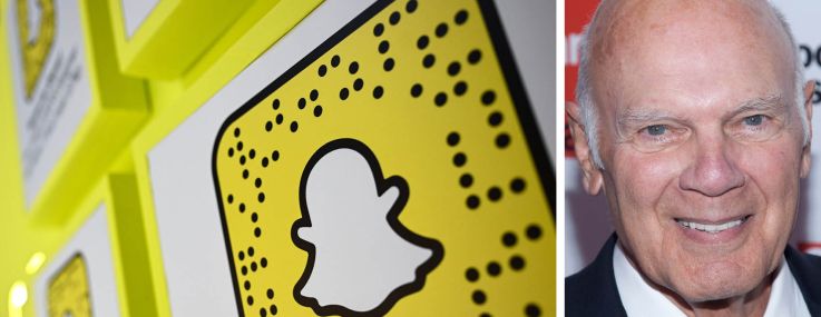 Snap logos on display at an exhibition and Vornado Realty CEO Steven Roth.