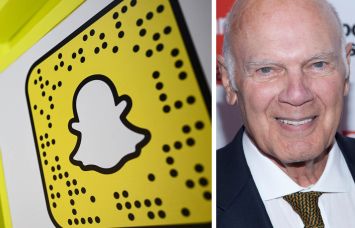 Snap logos on display at an exhibition and Vornado Realty CEO Steven Roth.