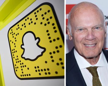 Snap logos on display at an exhibition and Vornado Realty CEO Steven Roth.
