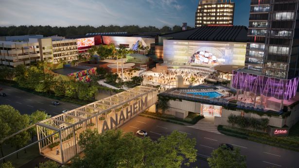 OCVibe’s Scott Frick On Building a $5B District Around Anaheim’s Honda Center A rendering of OCVIBE’s planned South Plaza and Katella Bridge in Anaheim, Calif.