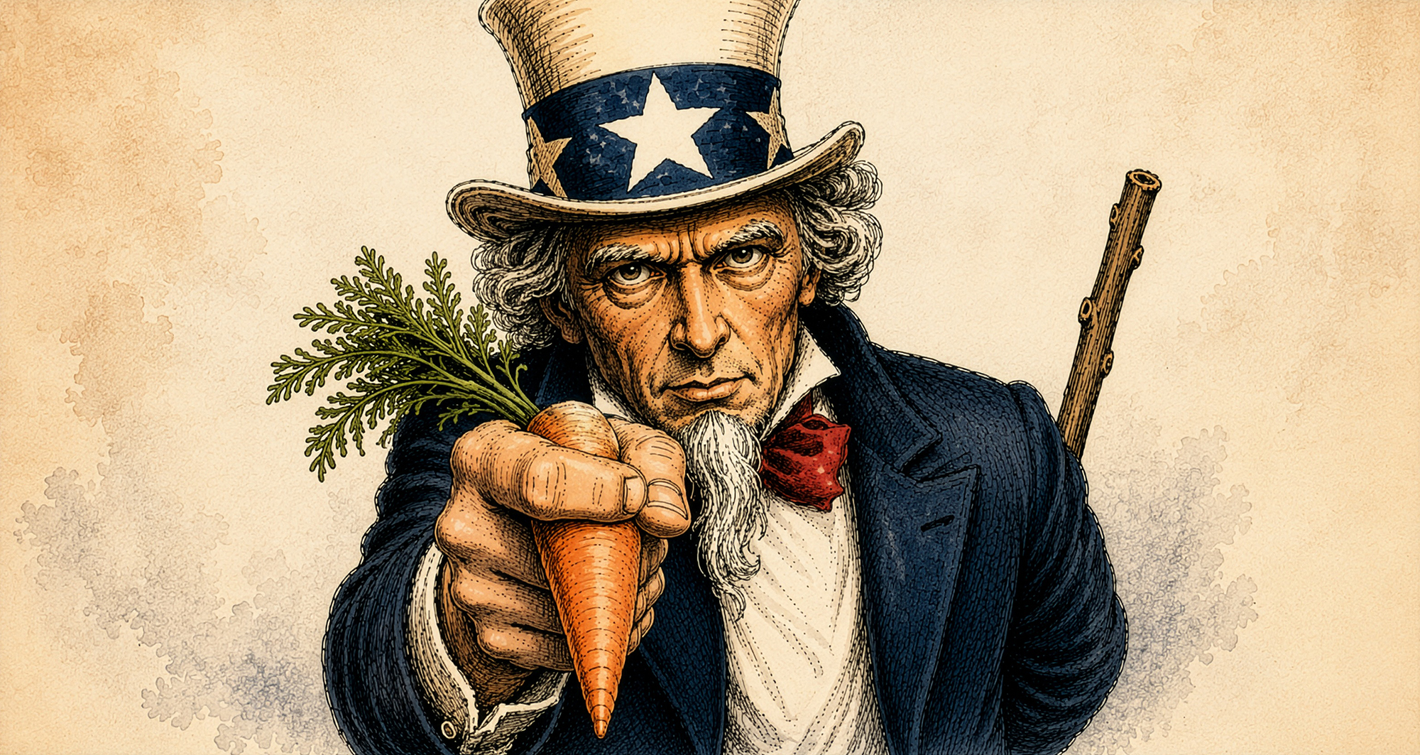 An illustration of Uncle Sam holding a carrot and a stick on a poster.
