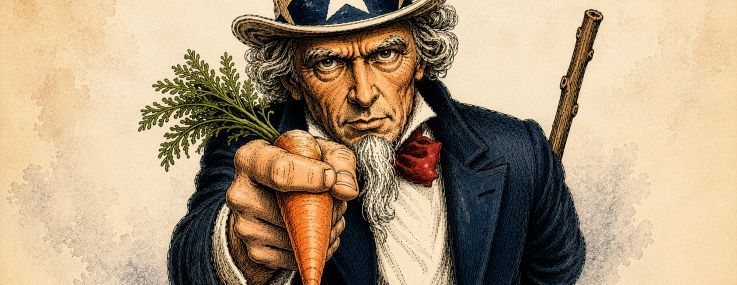 An illustration of Uncle Sam holding a carrot and a stick on a poster.