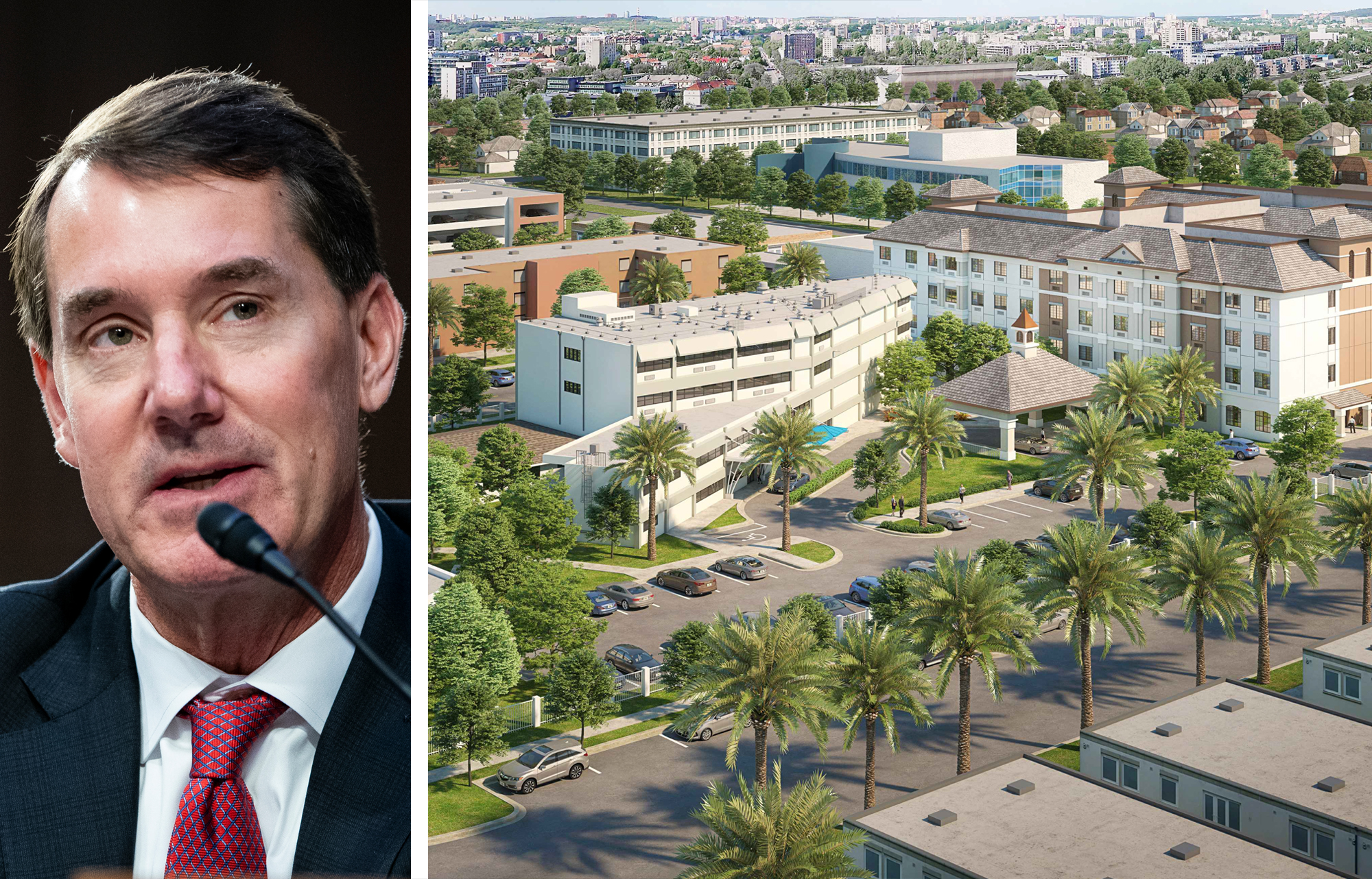 PNC Bank CEO William Demchak and a rendering of Citadel Care Centers planned skilled nursing facility in North Miami Beach, Fla.