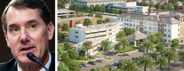 PNC Bank CEO William Demchak and a rendering of Citadel Care Centers planned skilled nursing facility in North Miami Beach, Fla.
