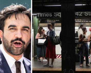 Mayor Zohran Mamdani and commuters waiting on a train platform at Time Square.