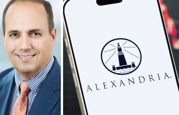 Alexandria Real Estate's Peter Moglia and the Alexandria logo displayed on a mobile phone screen.