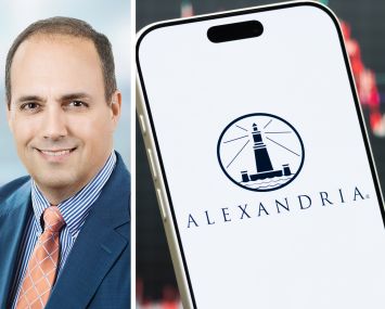 Alexandria Real Estate's Peter Moglia and the Alexandria logo displayed on a mobile phone screen.