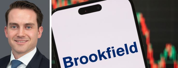 Brookfield Asset Management CEO Connor Teskey and the Brookfield logo displayed on a mobile phone.