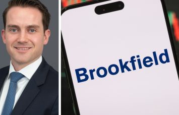 Brookfield Asset Management CEO Connor Teskey and the Brookfield logo displayed on a mobile phone.