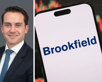 Brookfield Asset Management CEO Connor Teskey and the Brookfield logo displayed on a mobile phone.