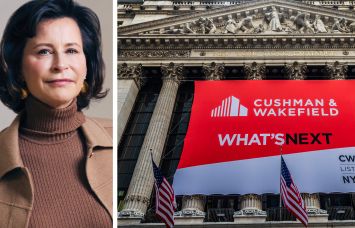 Cushman & Wakefield CEO Michelle MacKay and a Cushman & Wakefield sign at the New York Stock Exchange.