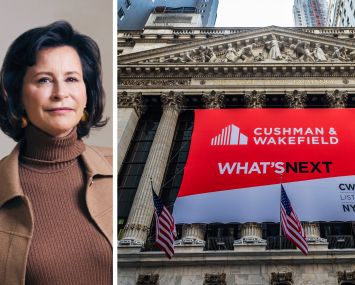 Cushman & Wakefield CEO Michelle MacKay and a Cushman & Wakefield sign at the New York Stock Exchange.