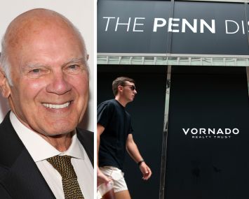 Vornado Realty Trust CEO Steven Roth and Vornado's logo on a building in the Penn District.