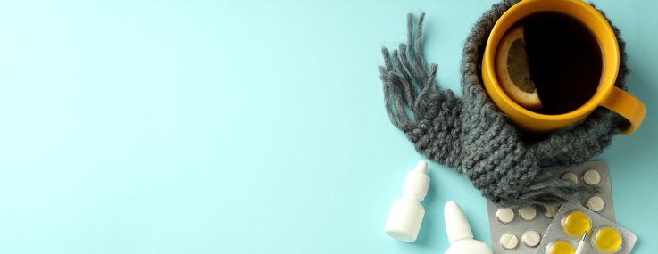 Treatments for the flu on a blue background.