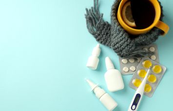 Treatments for the flu on a blue background.
