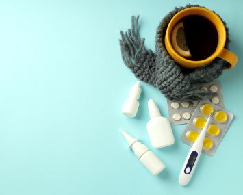 Treatments for the flu on a blue background.
