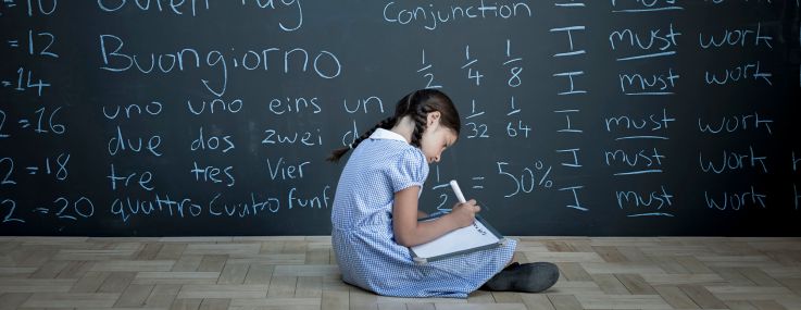Schoolgirl sitting studying in front of large chalkboard with words and languages on it.