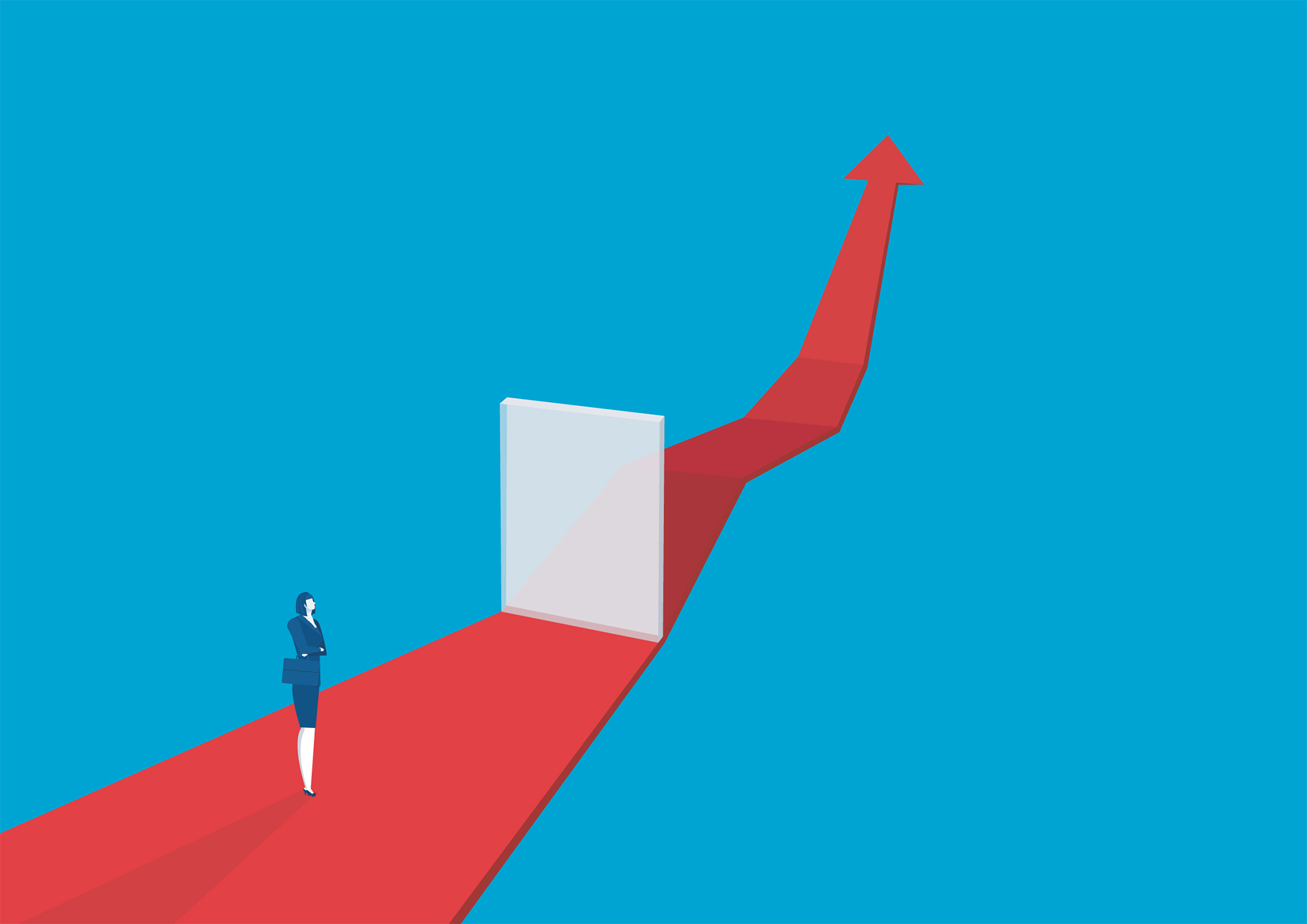 An illustration of a businesswoman on a red arrow going up with her path blocked by an obstacle.