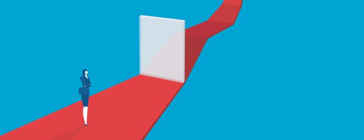 An illustration of a businesswoman on a red arrow going up with her path blocked by an obstacle.