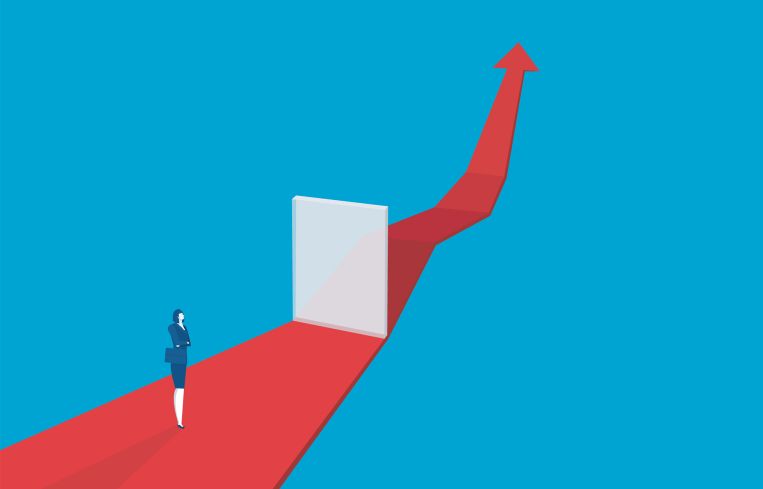 An illustration of a businesswoman on a red arrow going up with her path blocked by an obstacle.
