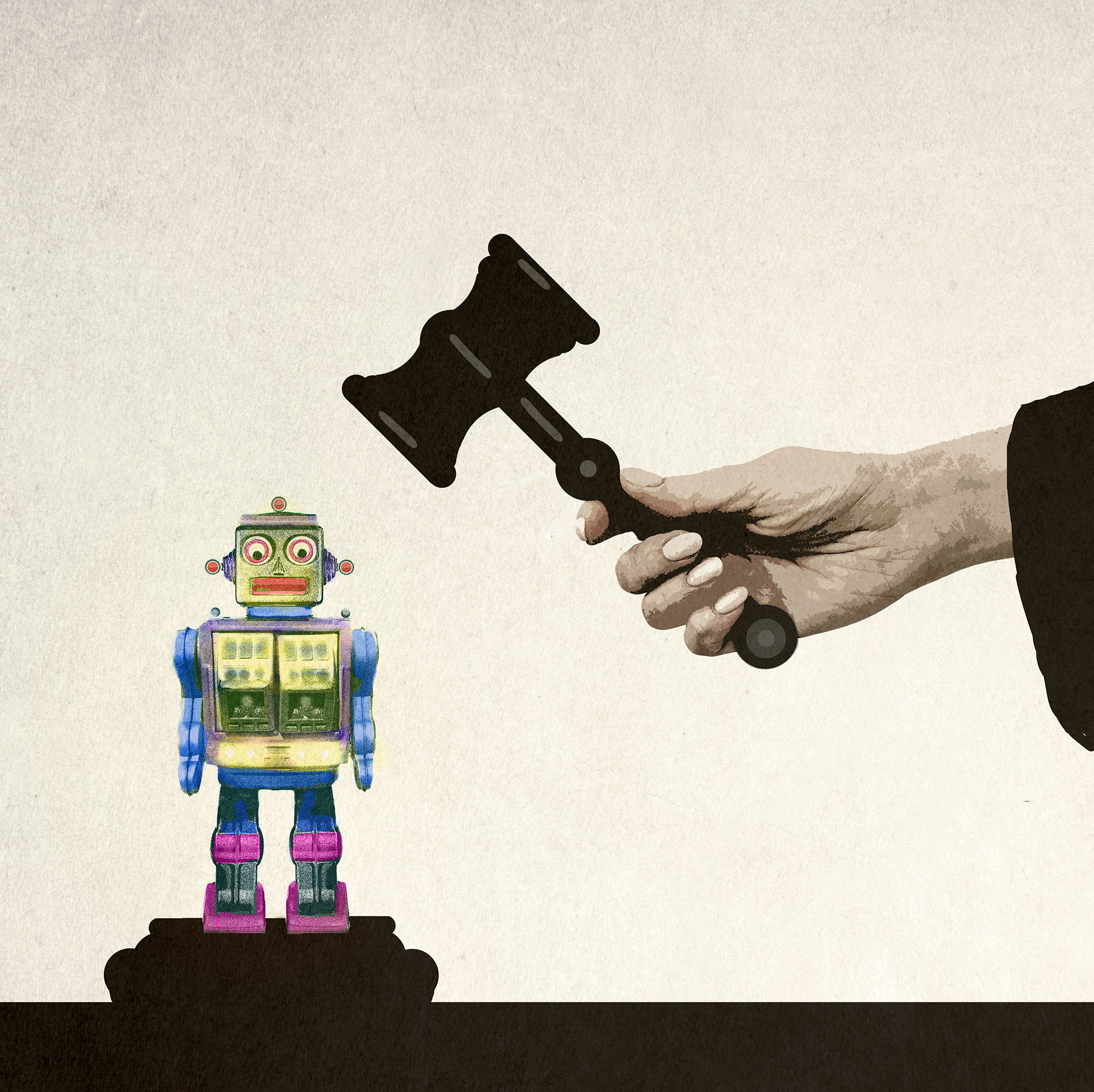An illustration of a robot underneath a judge's gavel.