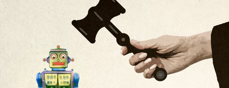 An illustration of a robot underneath a judge's gavel.