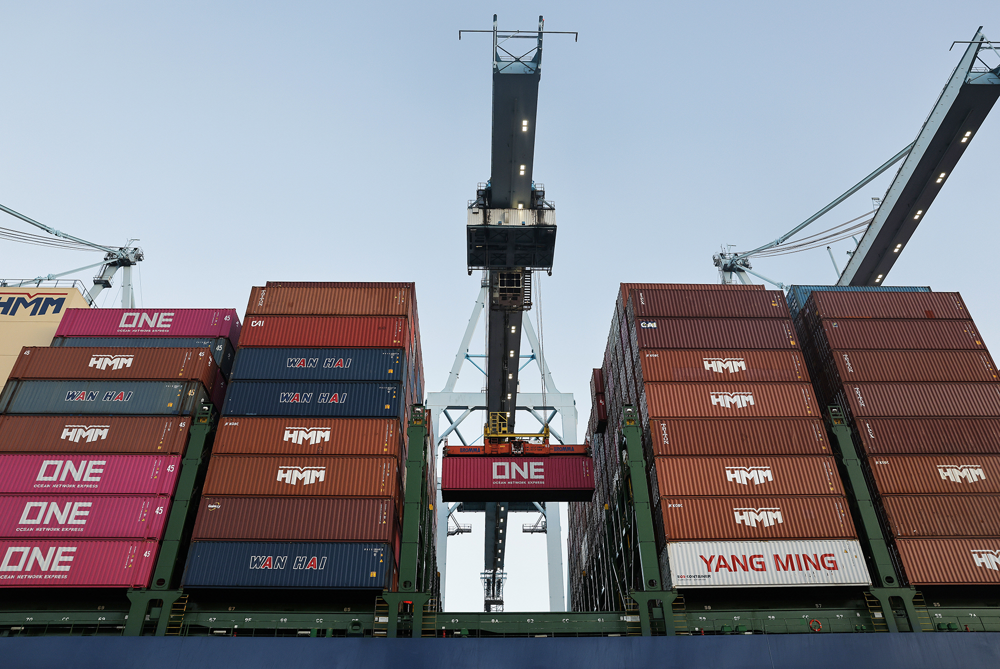 A shipping container is loaded at the Port of Los Angeles.