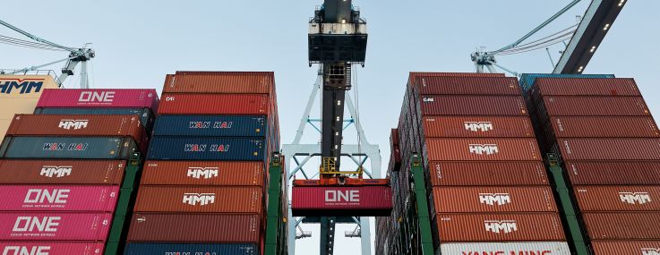 A shipping container is loaded at the Port of Los Angeles.