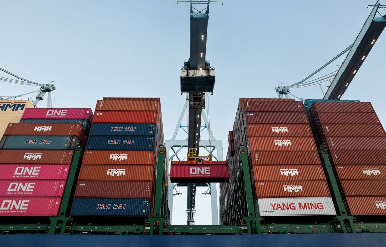 A shipping container is loaded at the Port of Los Angeles.