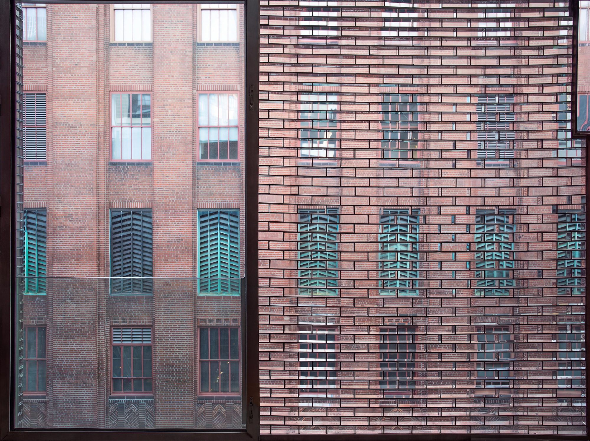 Detail image of the glass bricks at 50 Hudson Street.