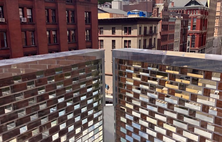 Detail image of the glass bricks at 50 Hudson Street.