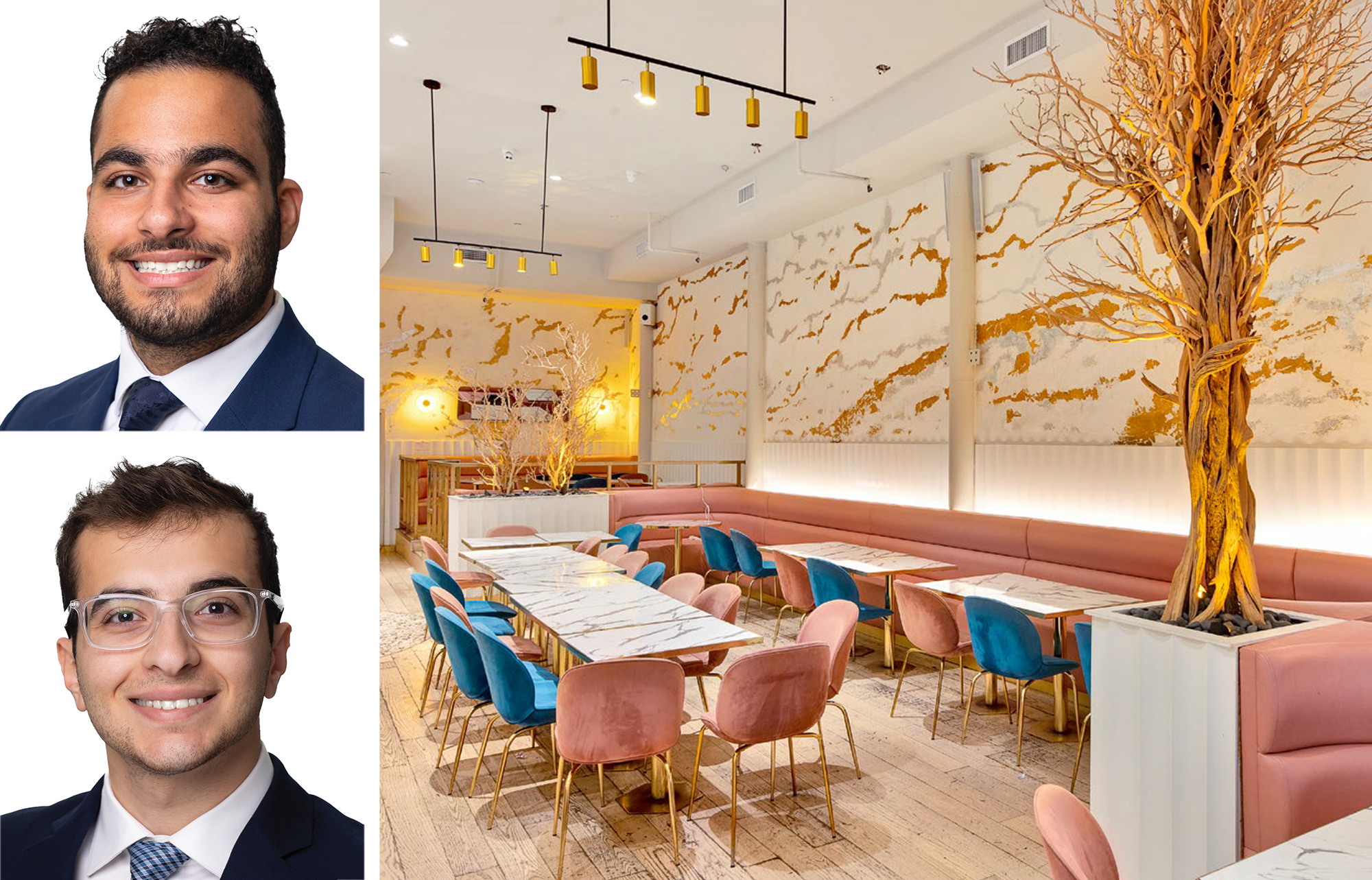 Noam Aziz (top) and Carson Shahrabani of Meridian Capital Group, along with an interior of Crab House, located at Eleven East Thirteenth Street.