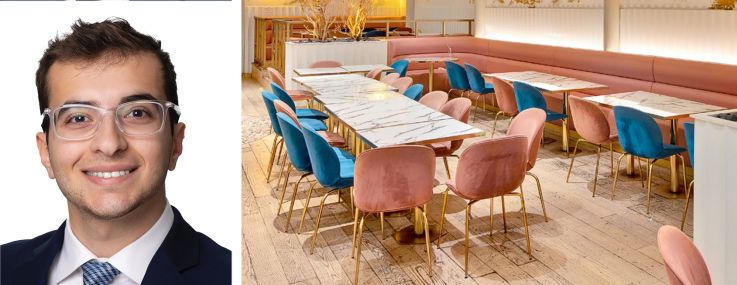 Noam Aziz (top) and Carson Shahrabani of Meridian Capital Group, along with an interior of Crab House, located at Eleven East Thirteenth Street.