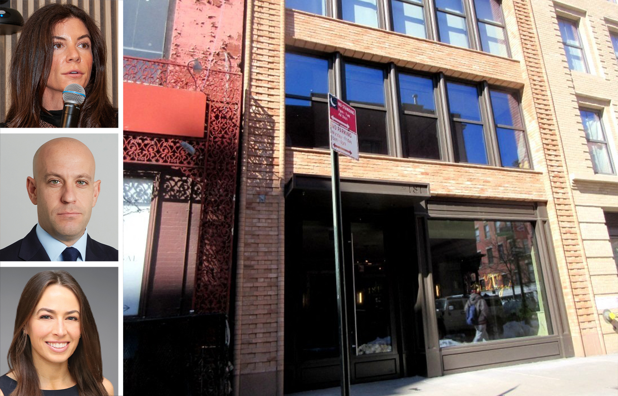 Jackie Totolo (top), Ariel Schuster (center), and Jordyn Comras (bottom), of Newmark, pictured with 181 MacDougal Street.