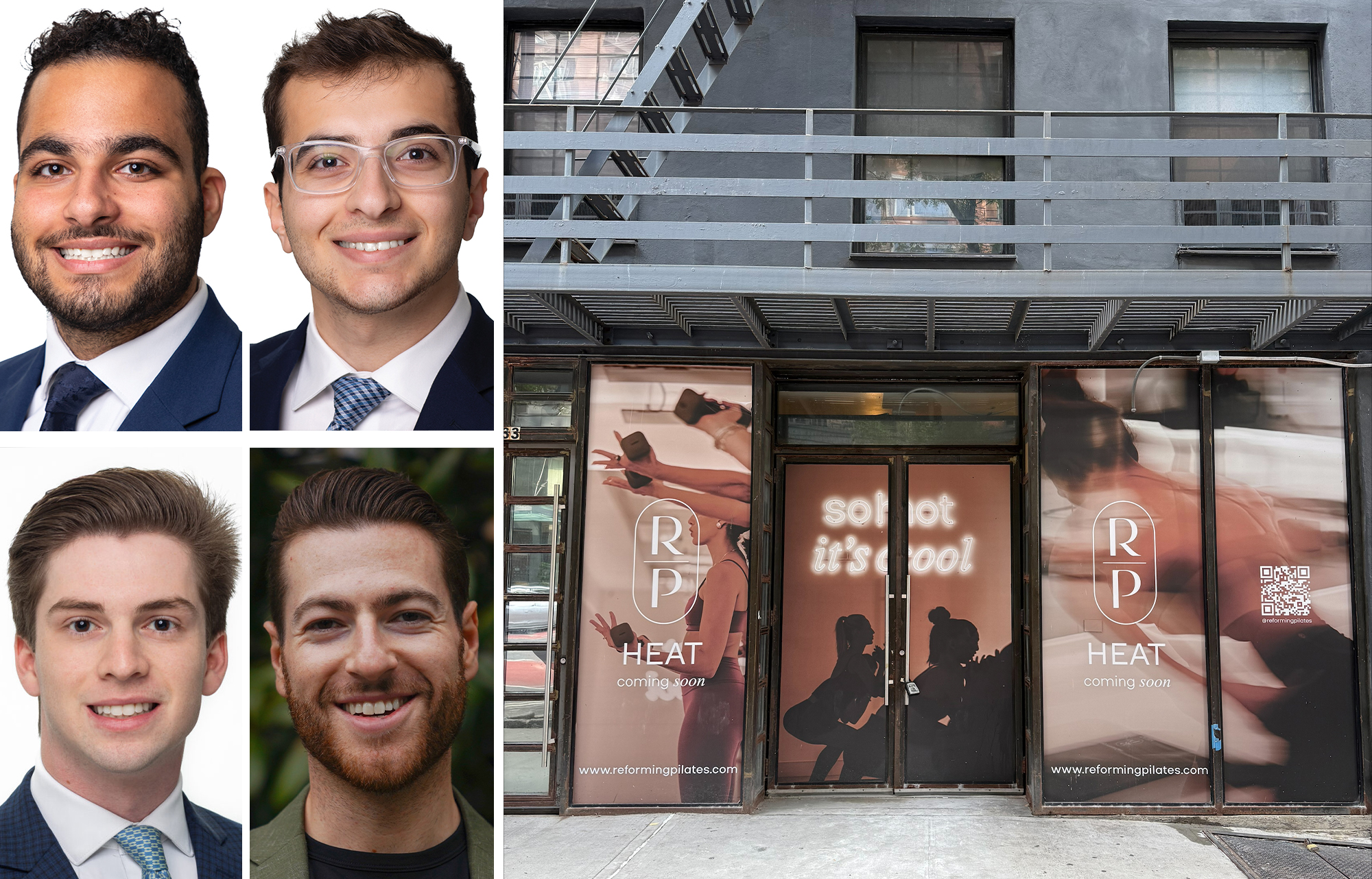 Clockwise from top left: Noam Aziz, Carson Shahrabani, Jeff Jacobson, and Max Freudenberger, and 233 East 34th Street.