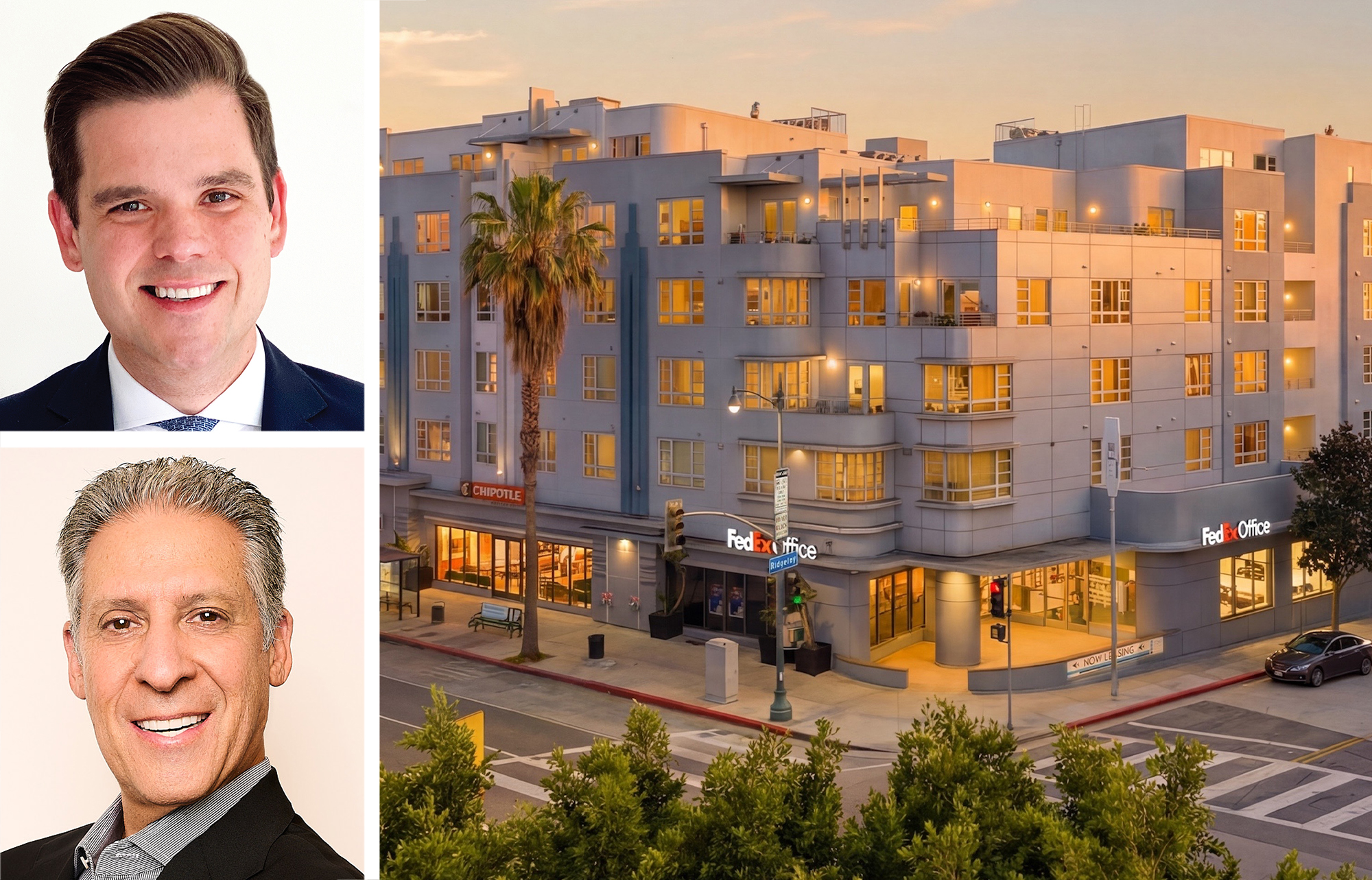 Blake Rogers of JLL (top) and Dave Nagel of Decron (bottom) and 5550 Wilshire Boulevard in Los Angeles, Cali.