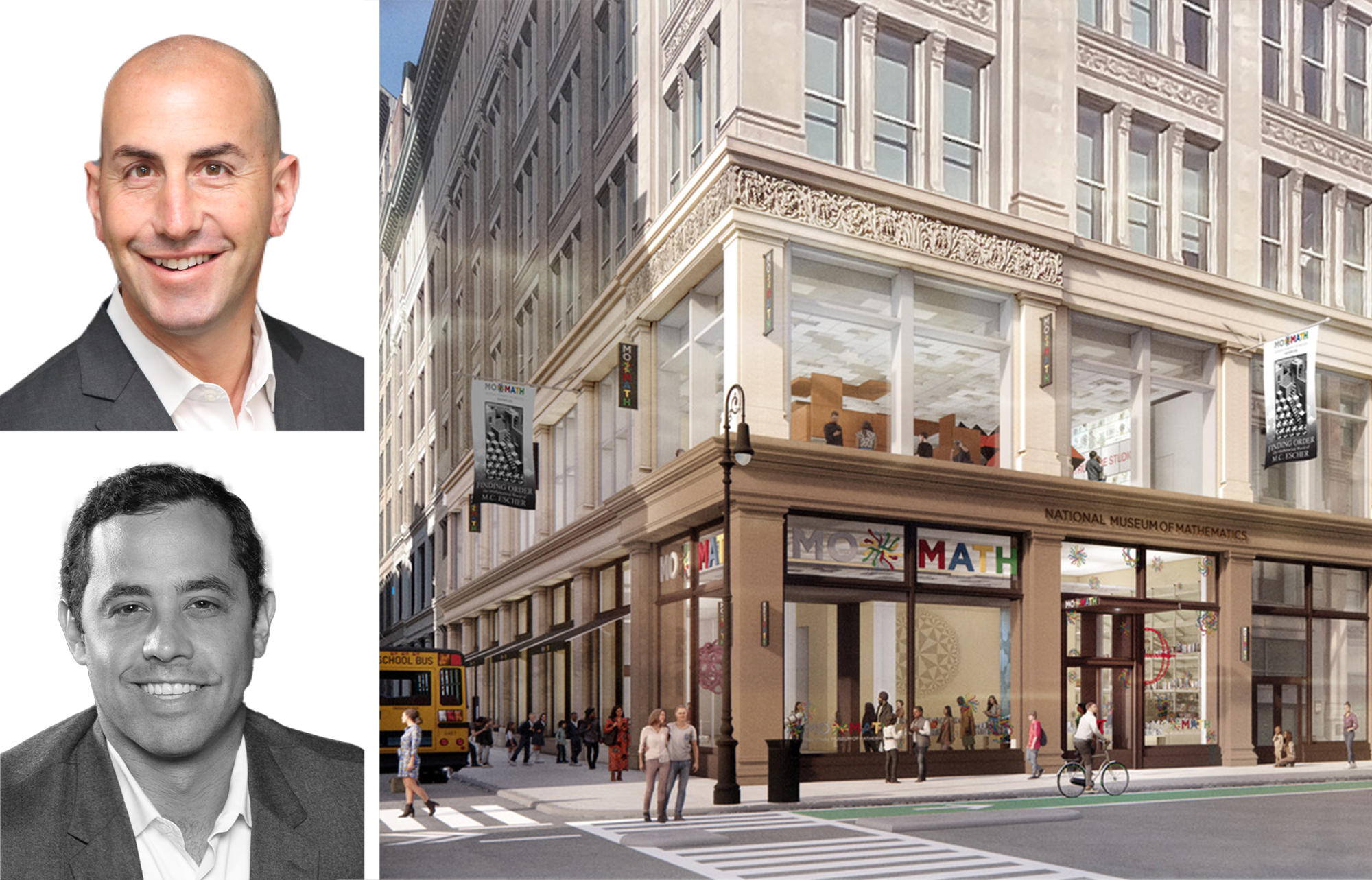 Jason Greenstein (top) and Jonathan Franzel (bottom) of Newmark, pictured with a rendering of 641 Avenue of the Americas.