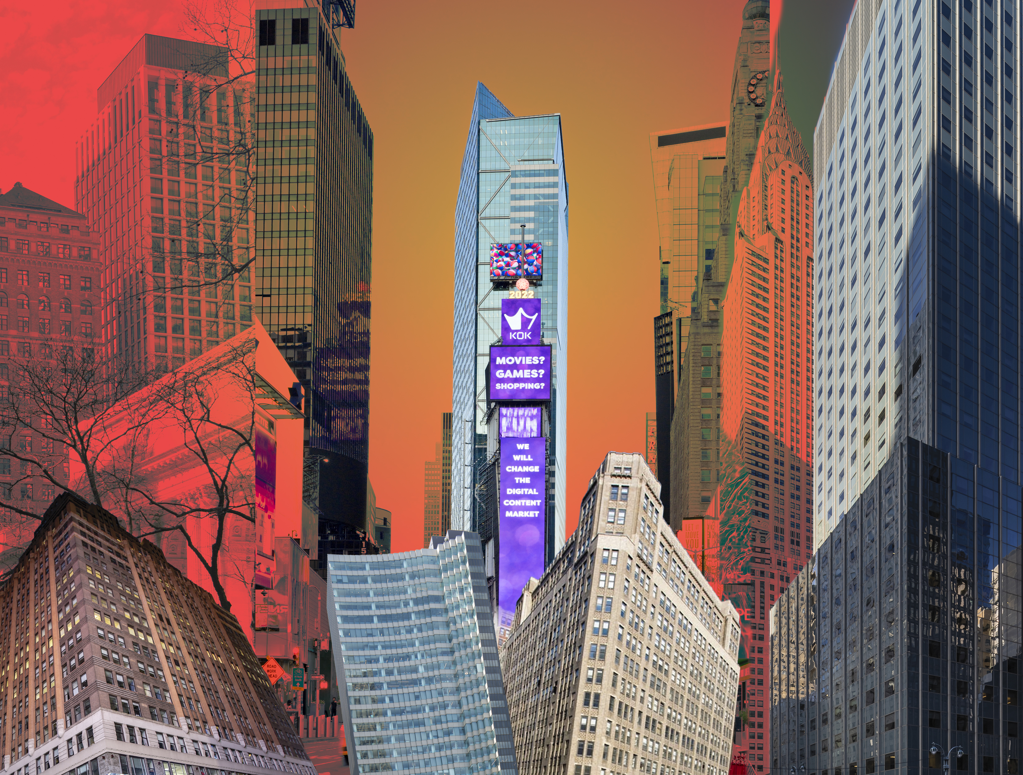 An illustration collage of 1441 Broadway (from left), 10 Bryant Park, 7 Times Square, 1359 Broadway, and 6 Grand Central.