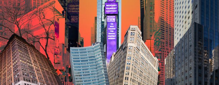 An illustration collage of 1441 Broadway (from left), 10 Bryant Park, 7 Times Square, 1359 Broadway, and 6 Grand Central.