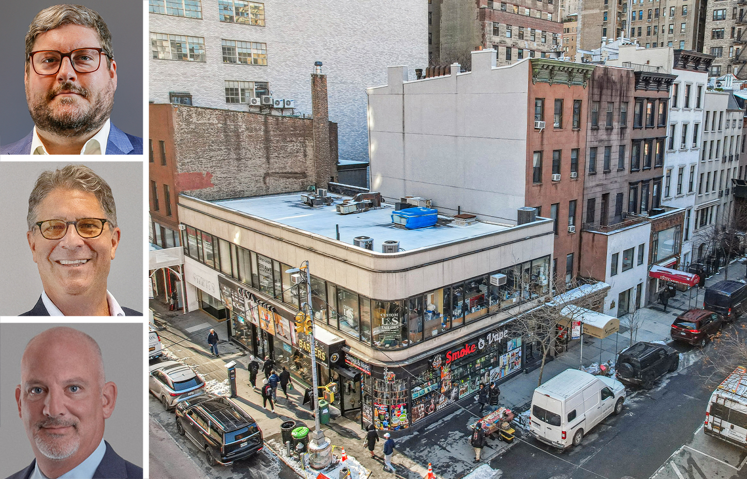 George Steffani (top), Jim Wacht (center), and Peter Braus (bottom) and 780 Lexington Avenue, 782 Lexington Avenue and 136 East 61st Street.