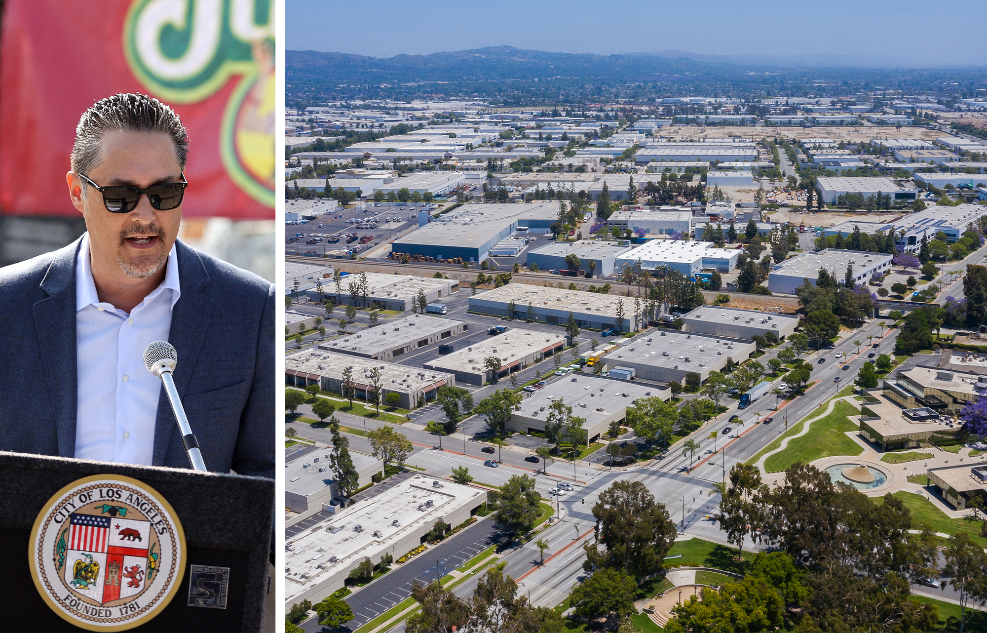 Aaron De La Torre and an aerial view of the warehouse district of Santa Fe Springs Cali.