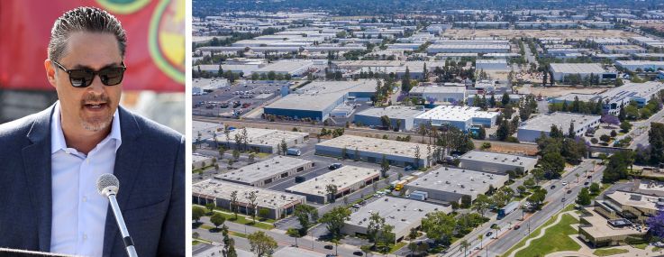 Aaron De La Torre and an aerial view of the warehouse district of Santa Fe Springs Cali.