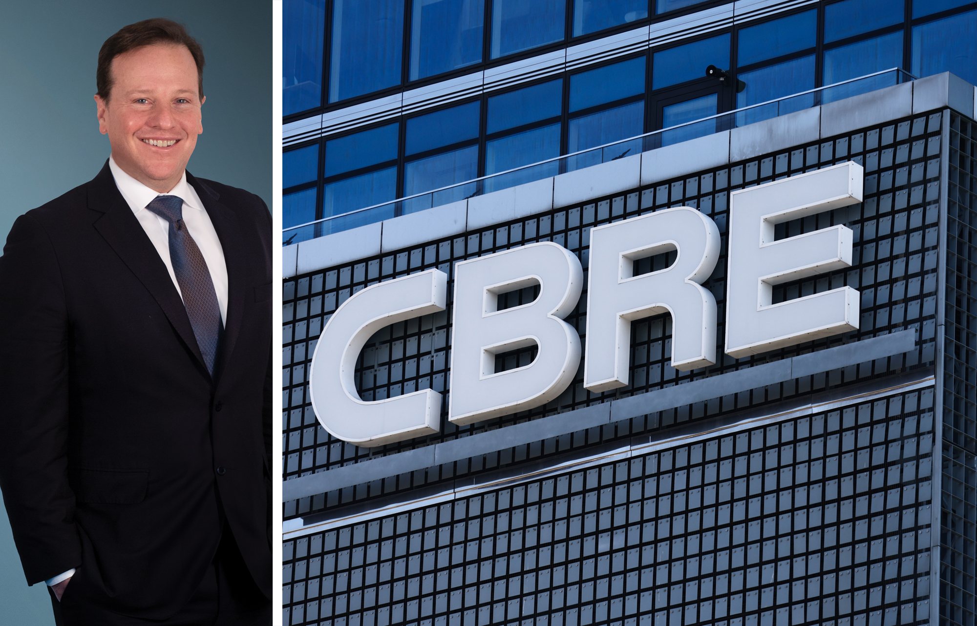 Adam Gallistel, co-CEO CBRE Investment Management, and CBRE's logo on one of its offices.