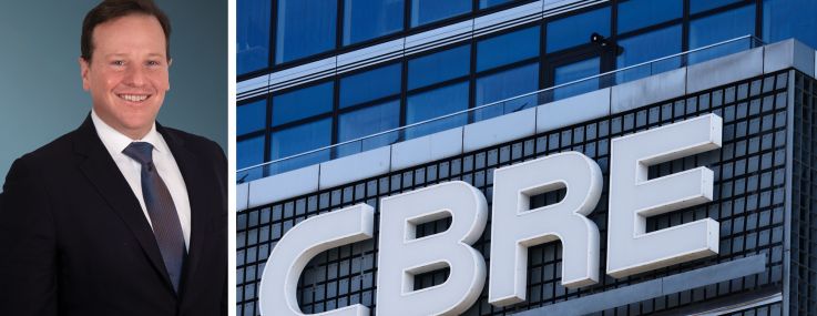Adam Gallistel, co-CEO CBRE Investment Management, and CBRE's logo on one of its offices.