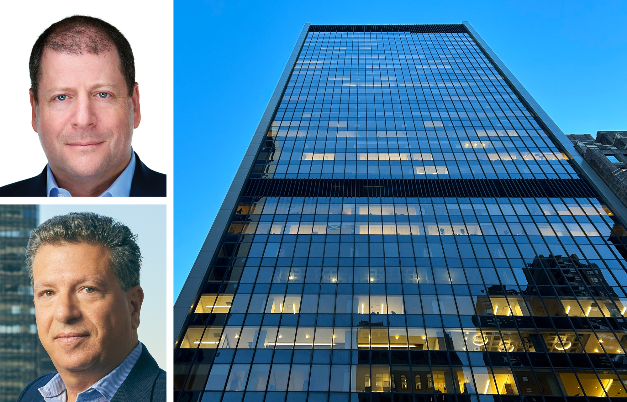 LeFrak’s Adam Silfen (top), CBRE's Howard Fiddle and 40 West 57th Street.
