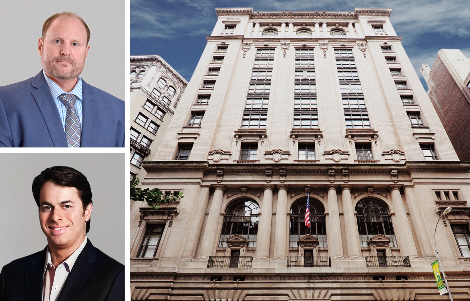 Lee & Associates NYC's Brad Schwarz (top) and Josh Lebowitz, and 25 West 39th Street.