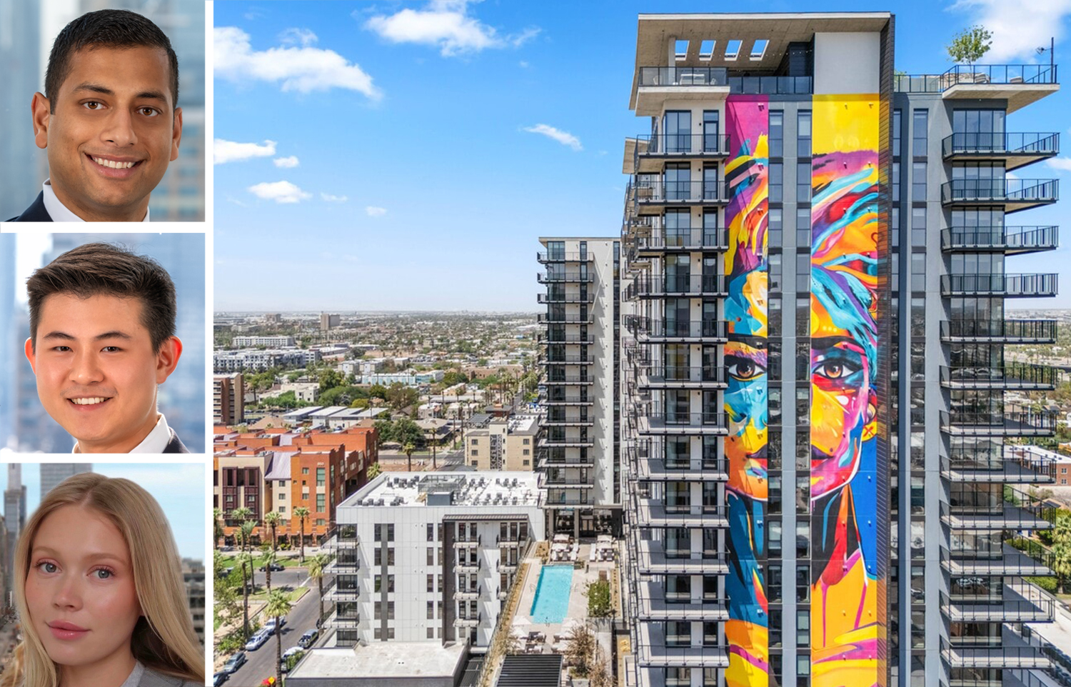 Dwight Captal's Brandon Baksh (top), Tommy Ng (center) and Talisse Thompson, and a rendering of Saiya at 802 North First Avenue, Phoenix.