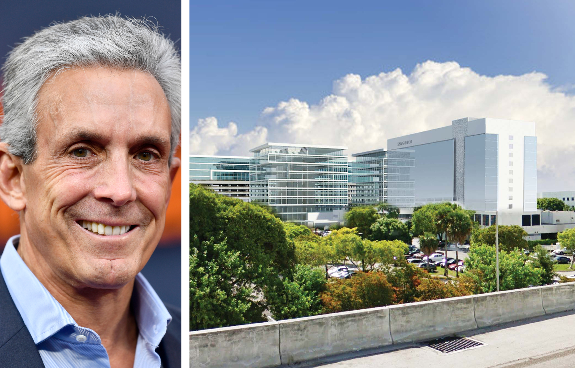 Charles Cohen and a rendering of Office Center of the Americas in Dania Beach, Fla.