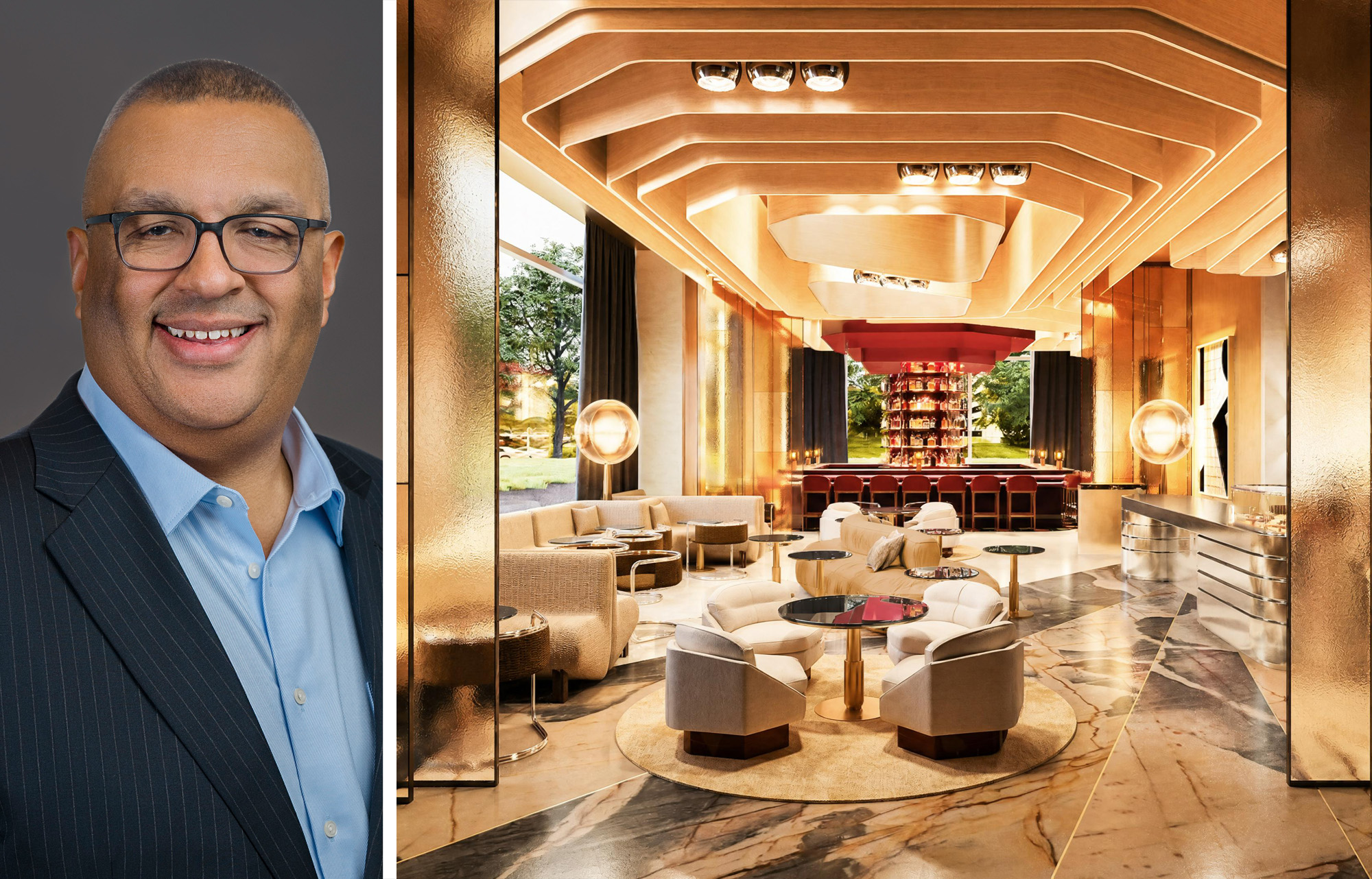 Nuveen Green Capital's Chris Ellis and a rendering of a planned cafe and bar at the W hotel at Erieview Tower in Cleveland.