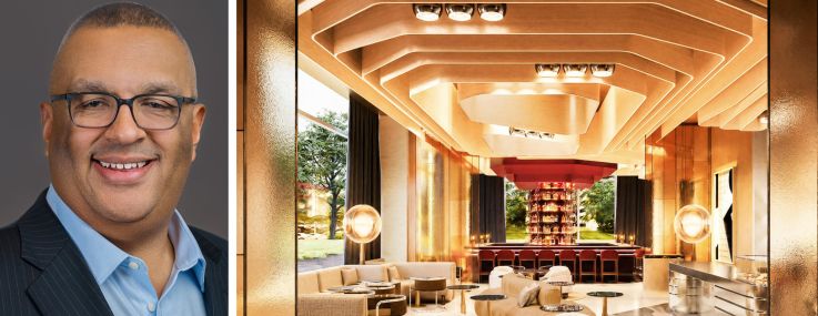 Nuveen Green Capital's Chris Ellis and a rendering of a planned cafe and bar at the W hotel at Erieview Tower in Cleveland.